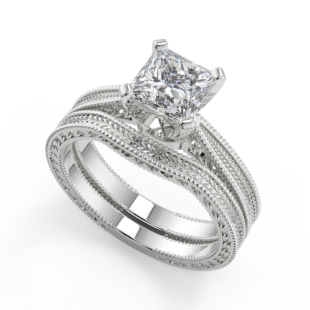 Miracle Hand Engraved 4 Prong Milgrain Solitaire Princess Cut Diamond Engagement Ring - Nivetta