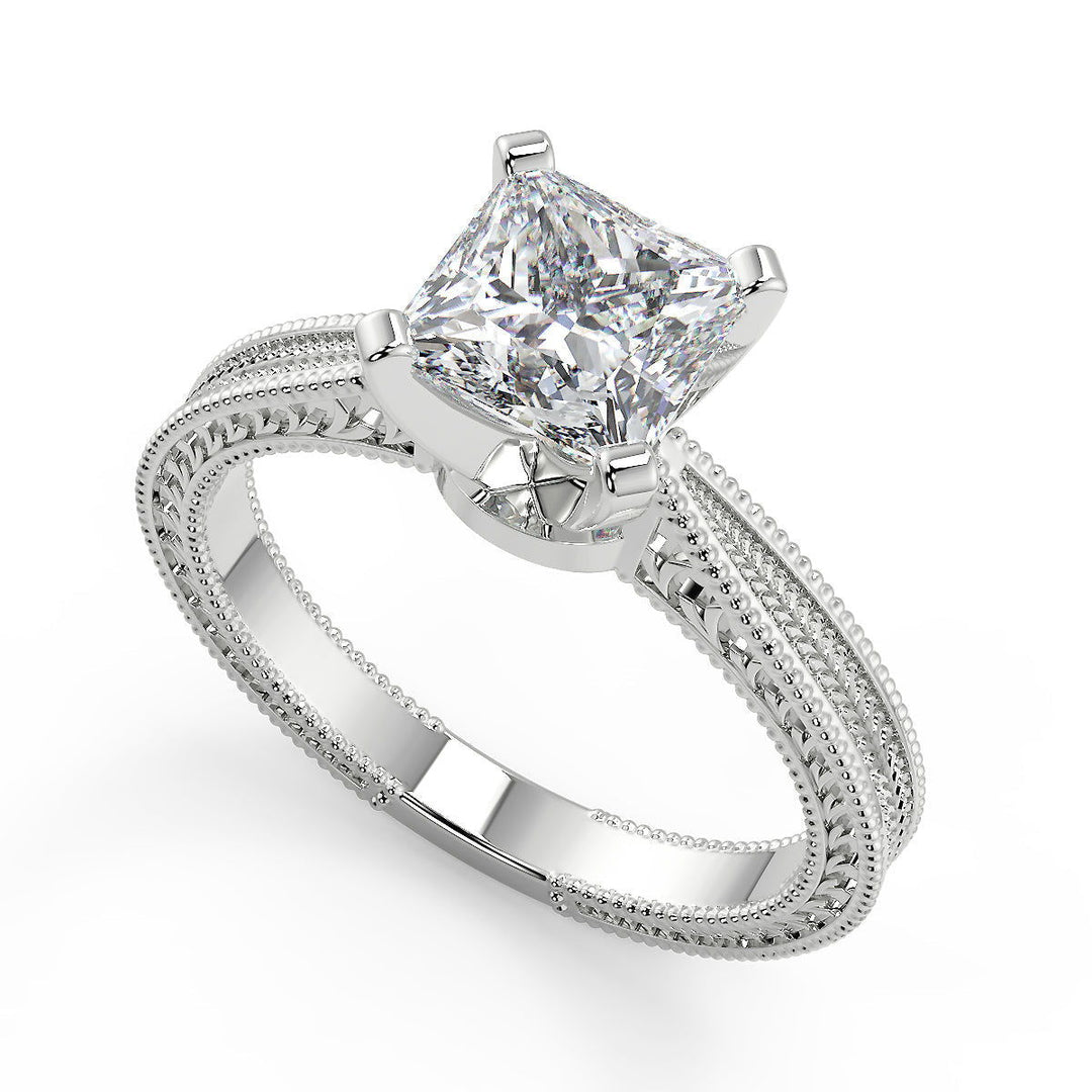 Miracle Hand Engraved 4 Prong Milgrain Solitaire Princess Cut Diamond Engagement Ring - Nivetta