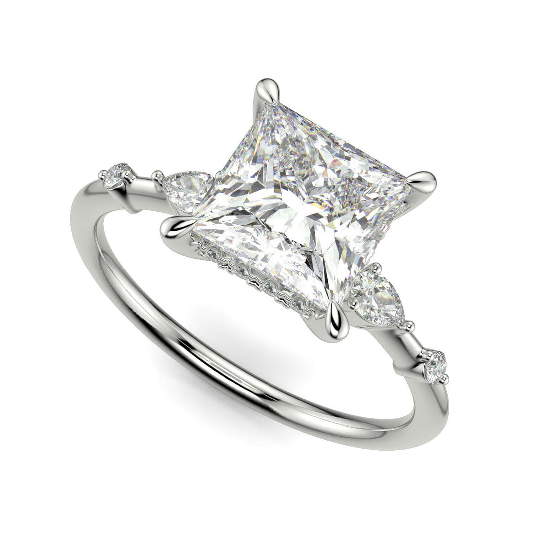 Monique Princess Cut Hidden Halo Side Stones 4 Prong Claw Set Engagement Ring Setting - Nivetta