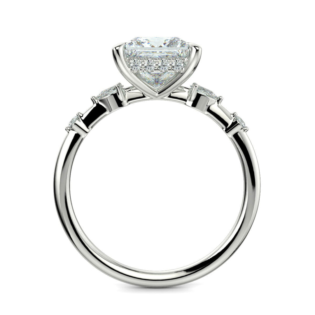 Monique Princess Cut Hidden Halo Side Stones 4 Prong Claw Set Engagement Ring Setting - Nivetta