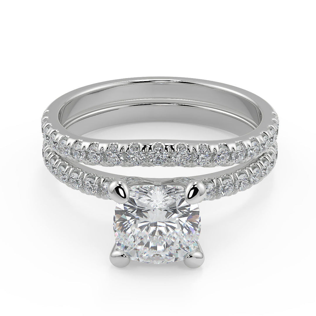 Roselyn French Pave Flush Fit 4 Prong Cushion Cut Diamond Engagement Ring - Nivetta