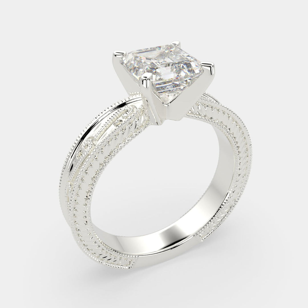 Sabrina Emerald Cut Solitaire Hand Engraved Milgrain Engagement Ring Setting - Nivetta