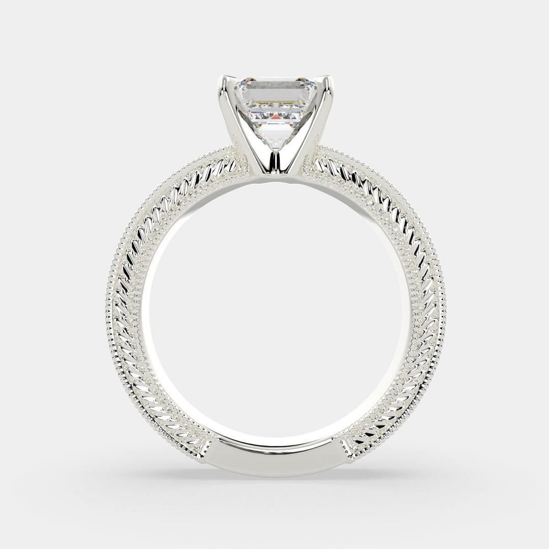 Sabrina Emerald Cut Solitaire Hand Engraved Milgrain Engagement Ring Setting - Nivetta