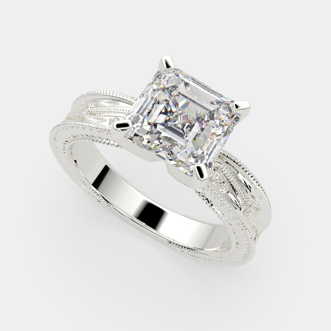 Sabrina Emerald Cut Solitaire Hand Engraved Milgrain Engagement Ring Setting - Nivetta