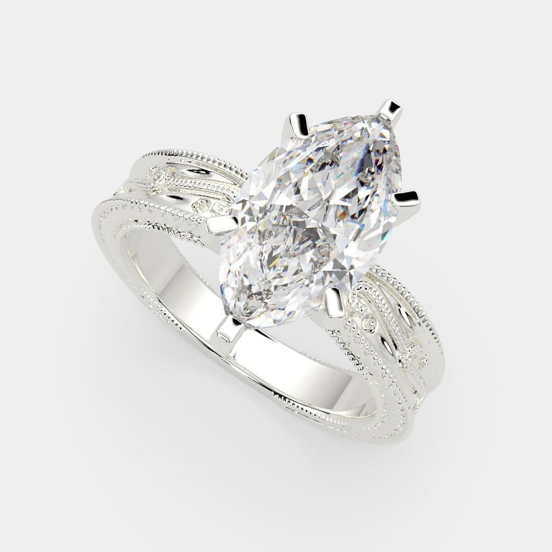 Sabrina Marquise Cut Solitaire Hand Engraved Milgrain Engagement Ring Setting - Nivetta