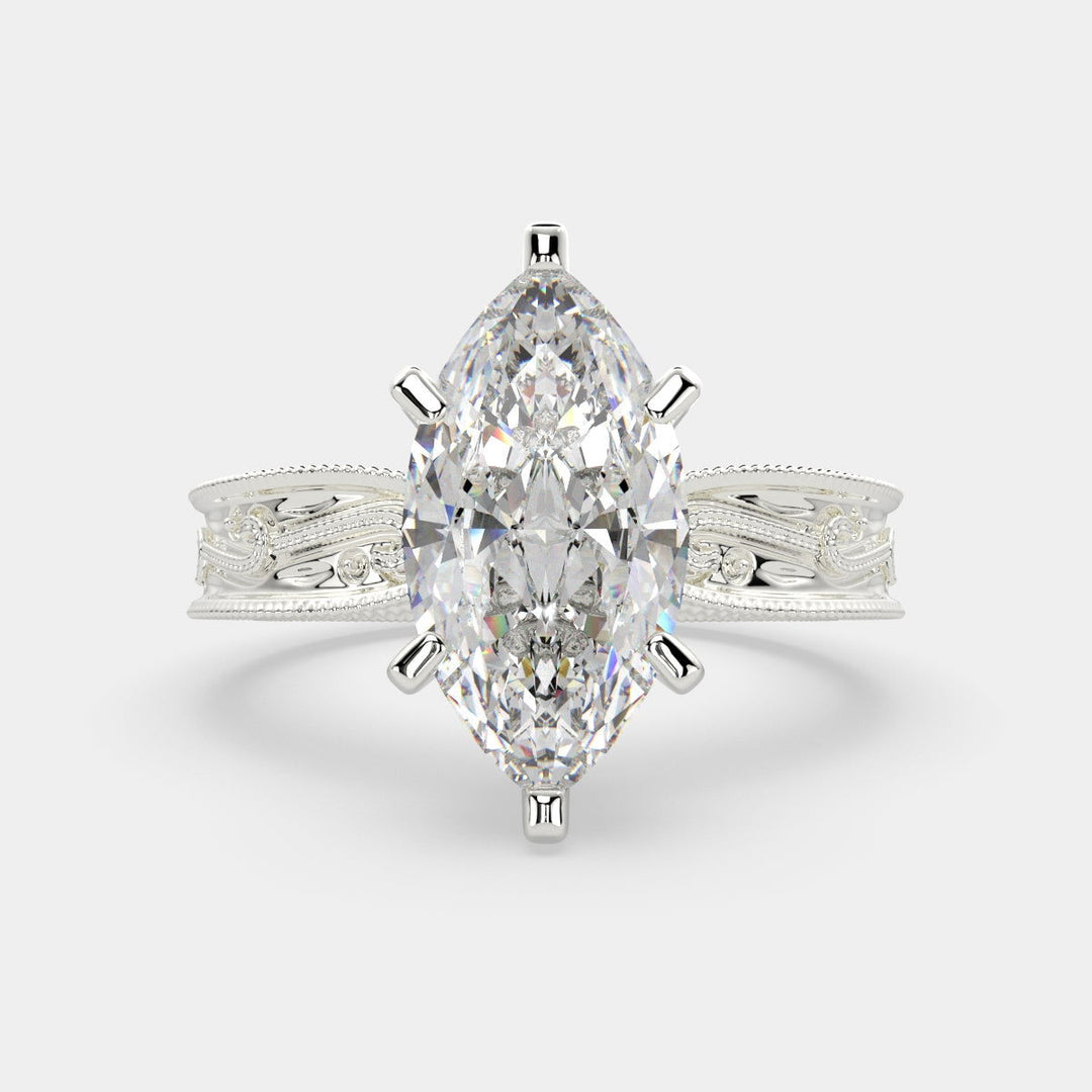 Sabrina Marquise Cut Solitaire Hand Engraved Milgrain Engagement Ring Setting - Nivetta
