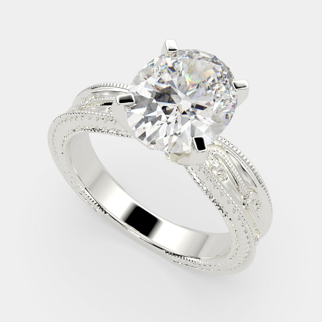Sabrina Oval Cut Solitaire Hand Engraved Milgrain Engagement Ring Setting - Nivetta