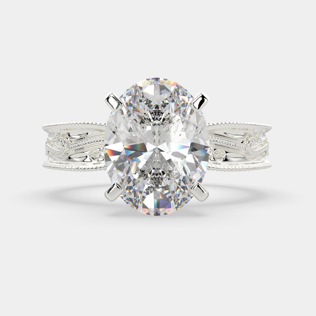 Sabrina Oval Cut Solitaire Hand Engraved Milgrain Engagement Ring Setting - Nivetta