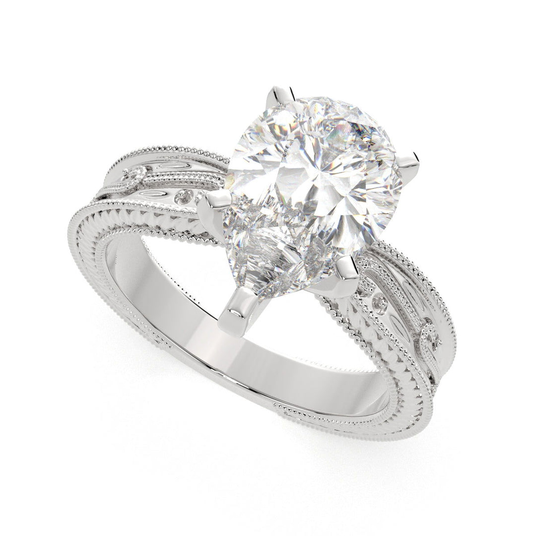 Sabrina Pear Cut Solitaire Hand Engraved Milgrain Engagement Ring Setting - Nivetta