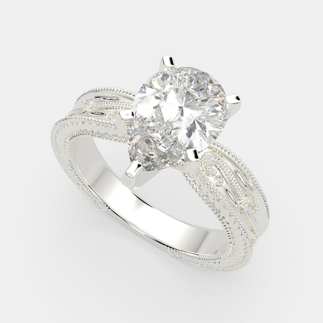 Sabrina Pear Cut Solitaire Hand Engraved Milgrain Engagement Ring Setting - Nivetta