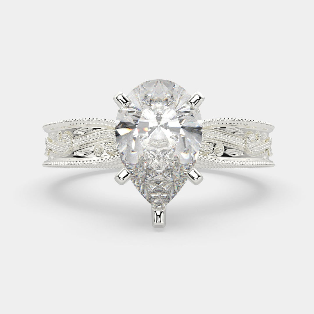 Sabrina Pear Cut Solitaire Hand Engraved Milgrain Engagement Ring Setting - Nivetta