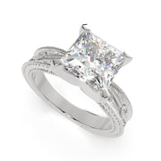 Sabrina Princess Cut Solitaire Hand Engraved Milgrain Engagement Ring Setting - Nivetta