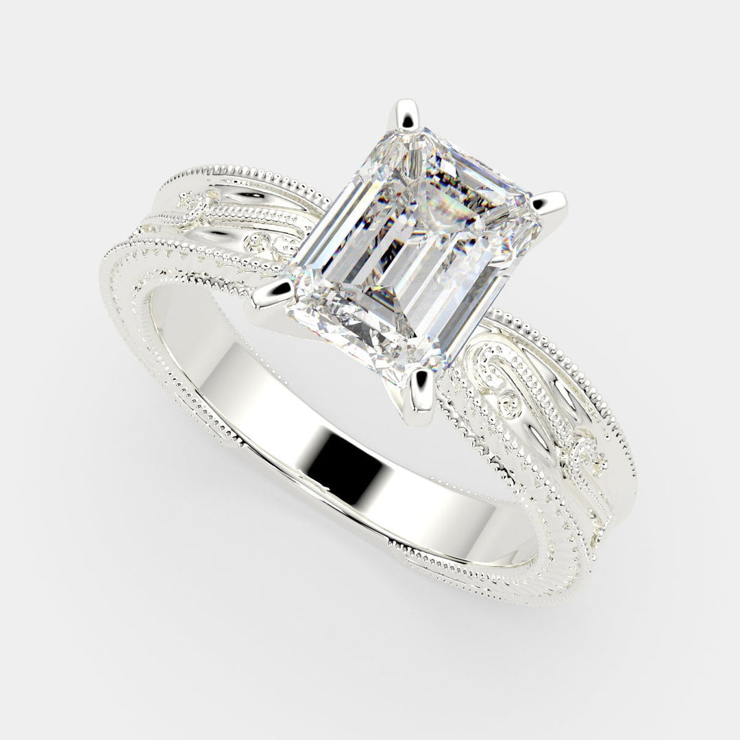 Sabrina Radiant Cut Solitaire Hand Engraved Milgrain Engagement Ring Setting - Nivetta