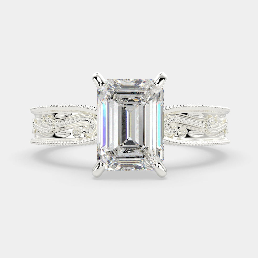 Sabrina Radiant Cut Solitaire Hand Engraved Milgrain Engagement Ring Setting - Nivetta