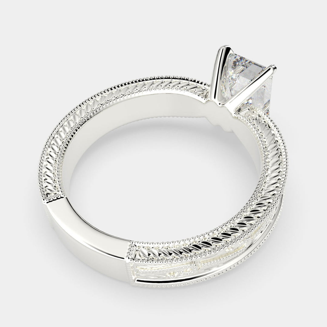 Sabrina Radiant Cut Solitaire Hand Engraved Milgrain Engagement Ring Setting - Nivetta