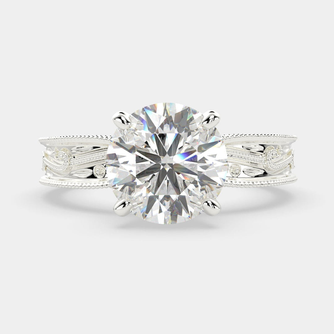 Sabrina Round Cut Solitaire Hand Engraved Milgrain Engagement Ring Setting - Nivetta