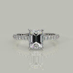 Load and play video in Gallery viewer, Madeline Emerald Cut Pave Hidden Halo 4 Prong Claw Set Engagement Ring Setting
