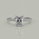 Load and play video in Gallery viewer, Emilia Radiant Cut Pave Halo 4 Prong Claw Set Engagement Ring
