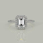 Load and play video in Gallery viewer, Catalina Emerald Cut Halo 4 Prong Claw Set Engagement Ring
