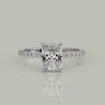 Load and play video in Gallery viewer, Pauline Radiant Cut Pave Hidden Halo 4 Prong Claw Set Engagement Ring Setting
