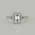 Load and play video in Gallery viewer, Luciana Emerald Cut Halo Split Shank Claw Set Engagement Ring

