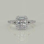 Load and play video in Gallery viewer, Luciana Radiant Cut Halo Split Shank Claw Set Engagement Ring
