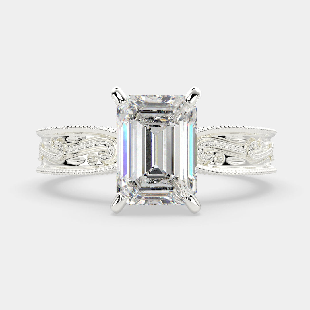 Sabrina Radiant Cut Solitaire Hand Engraved Milgrain Engagement Ring Setting