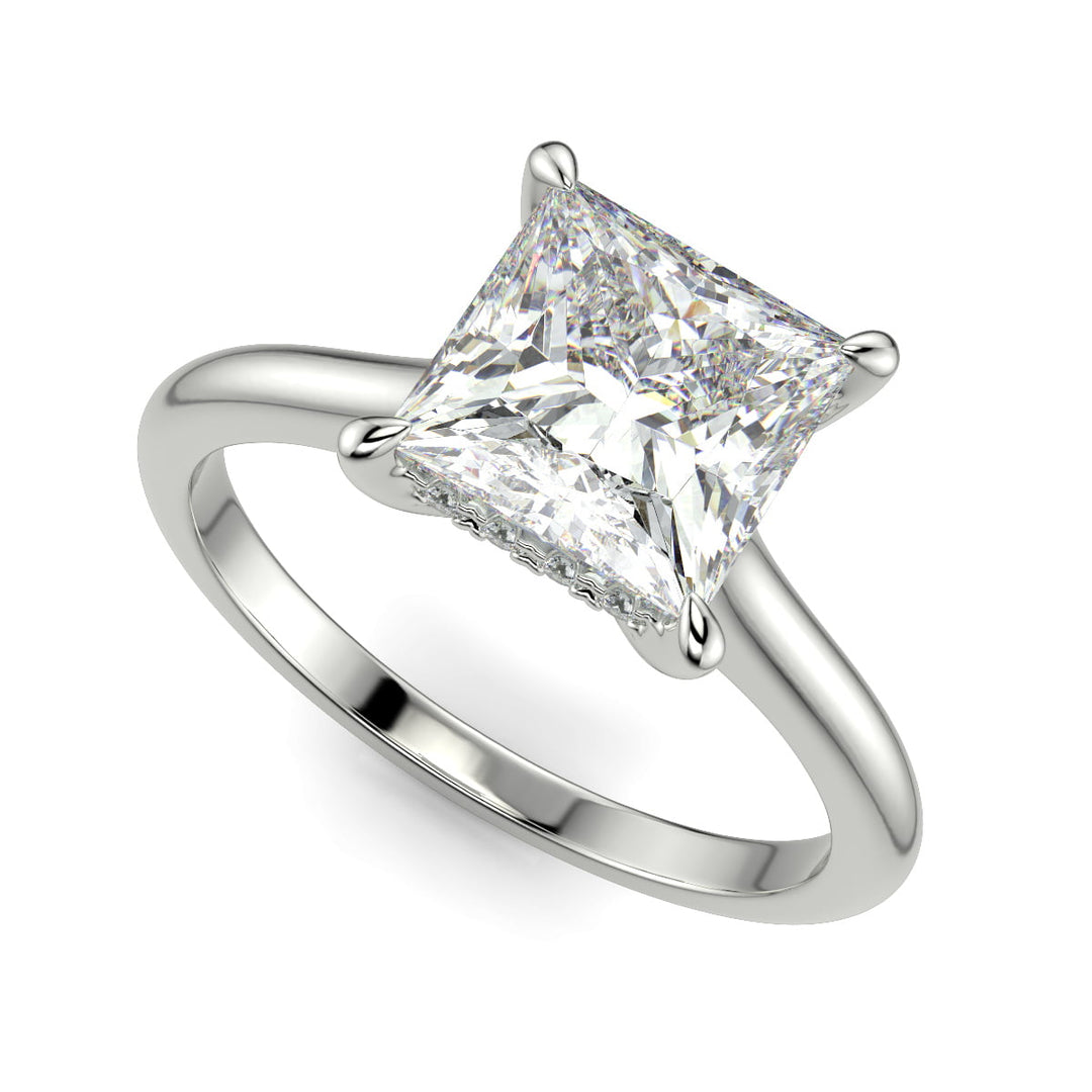 Aurora Princess Cut Pave Hidden Halo 4 Prong Cathedral Engagement Ring Setting