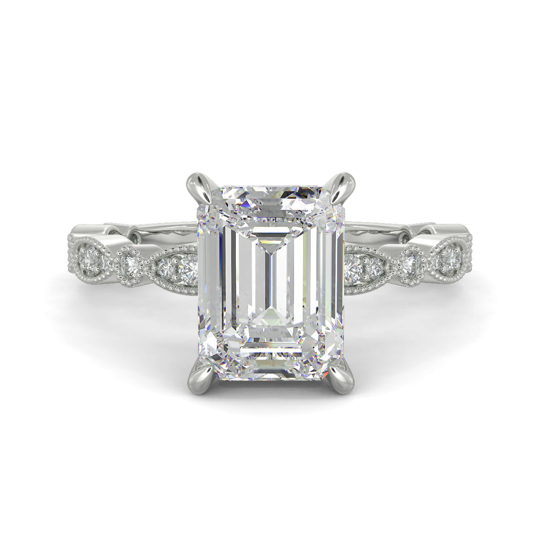 Caroline Emerald Cut Pave Art Deco 4 Prong Claw Set Engagement Ring Setting