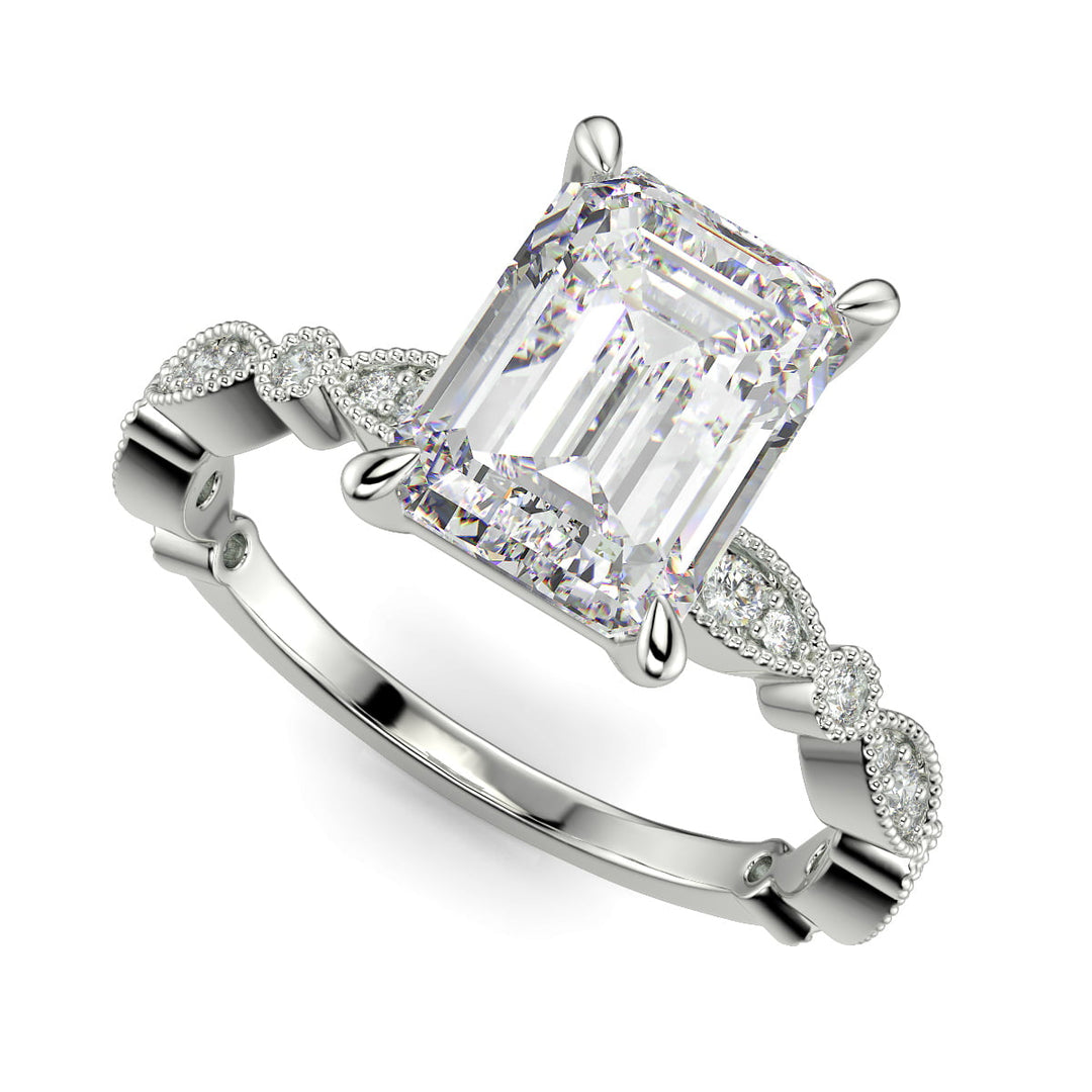 Caroline Emerald Cut Pave Art Deco 4 Prong Claw Set Engagement Ring Setting