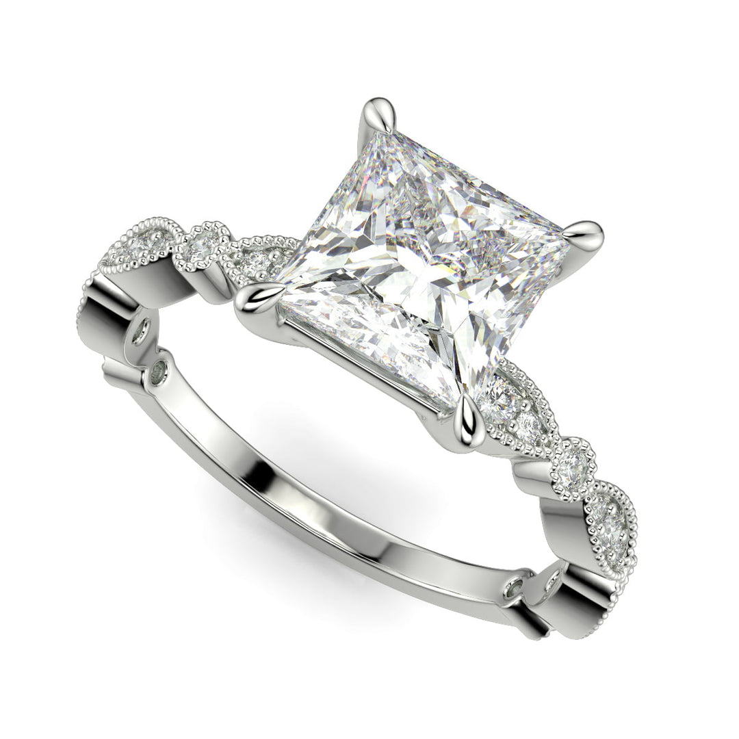 Caroline Princess Cut Pave Art Deco 4 Prong Claw Set Engagement Ring Setting