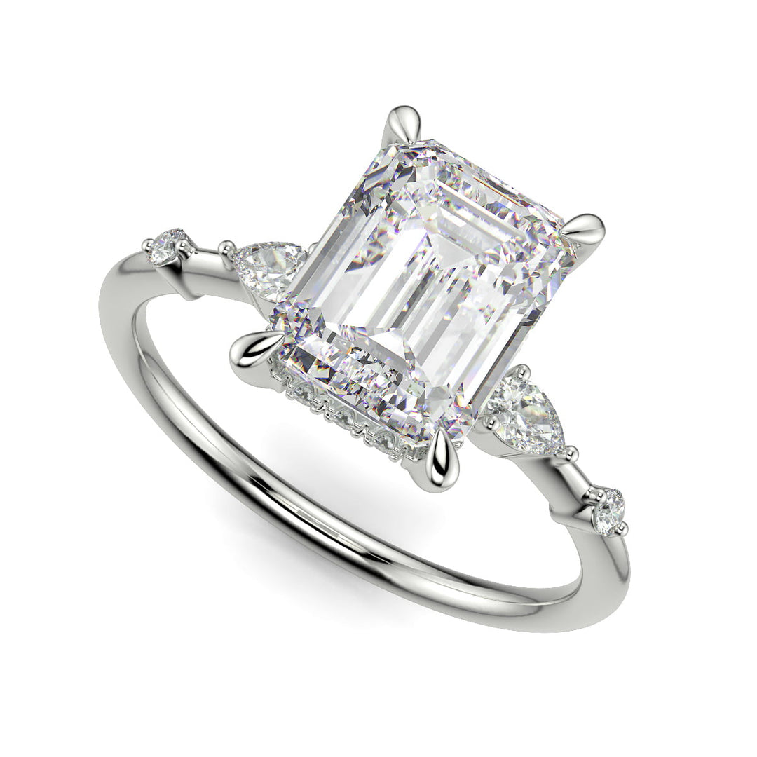 Monique Emerald Cut Hidden Halo Side Stones 4 Prong Claw Set Engagement Ring Setting