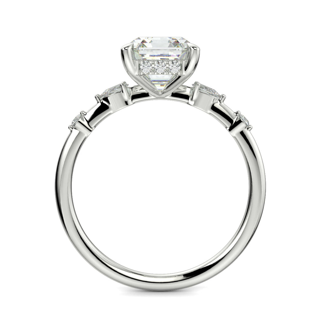 Monique Emerald Cut Hidden Halo Side Stones 4 Prong Claw Set Engagement Ring Setting
