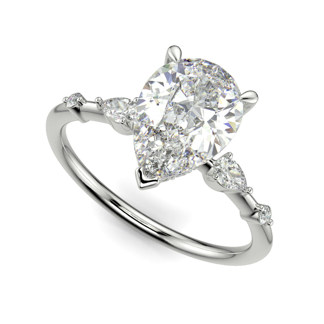 Monique Pear Cut Hidden Halo Side Stones 4 Prong Claw Set Engagement Ring Setting