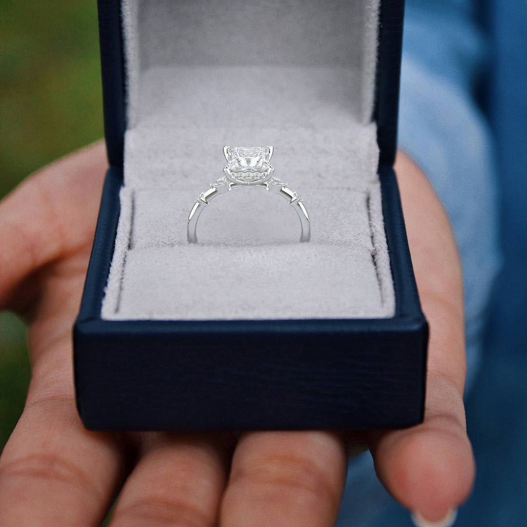 Monique Princess Cut Hidden Halo Side Stones 4 Prong Claw Set Engagement Ring Setting