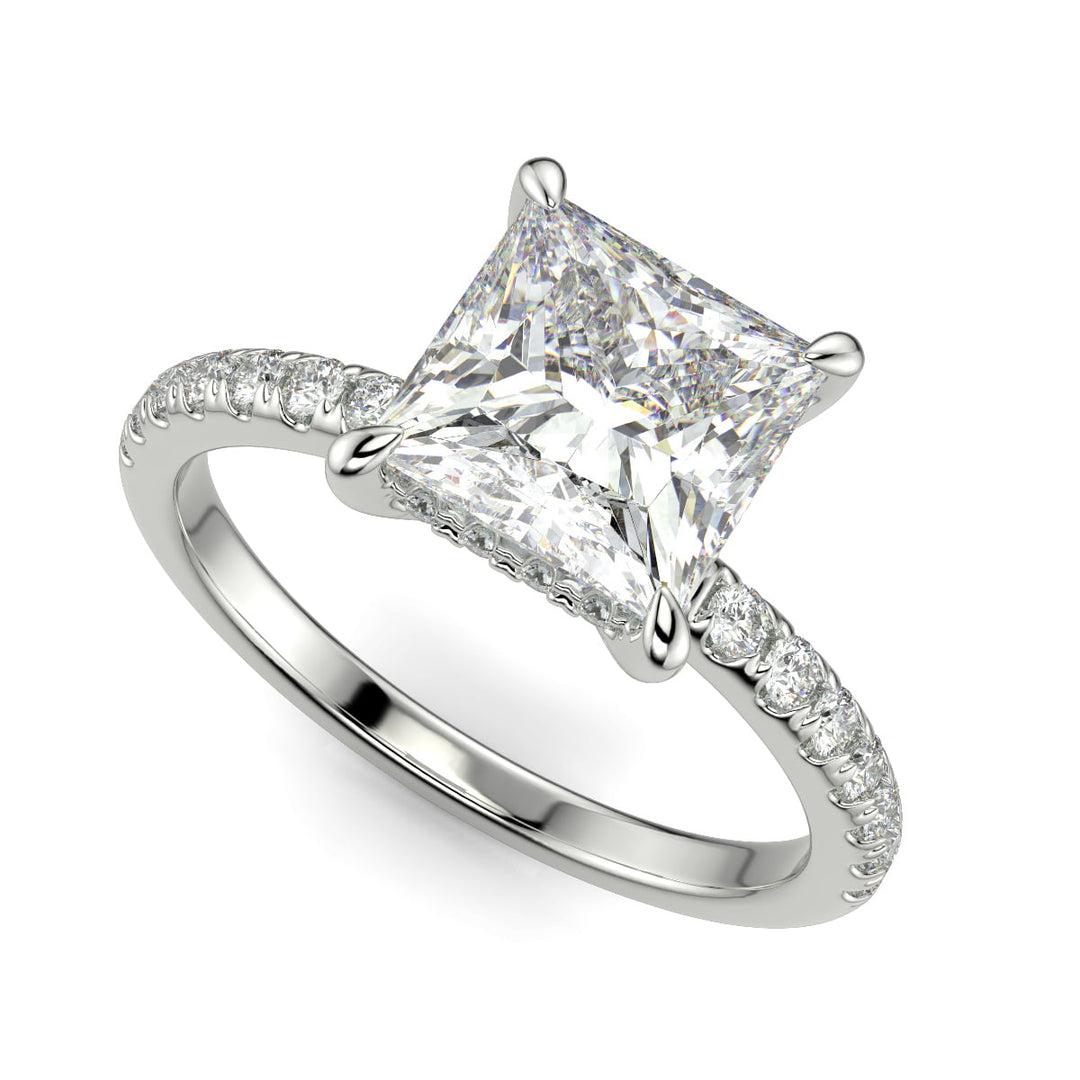 Nicollette Princess Cut Pave Hidden Halo 4 Prong Claw Set Engagement Ring Setting