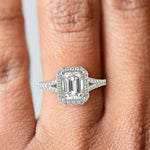 Load image into Gallery viewer, Luciana Emerald Cut Halo Split Shank Claw Set Engagement Ring

