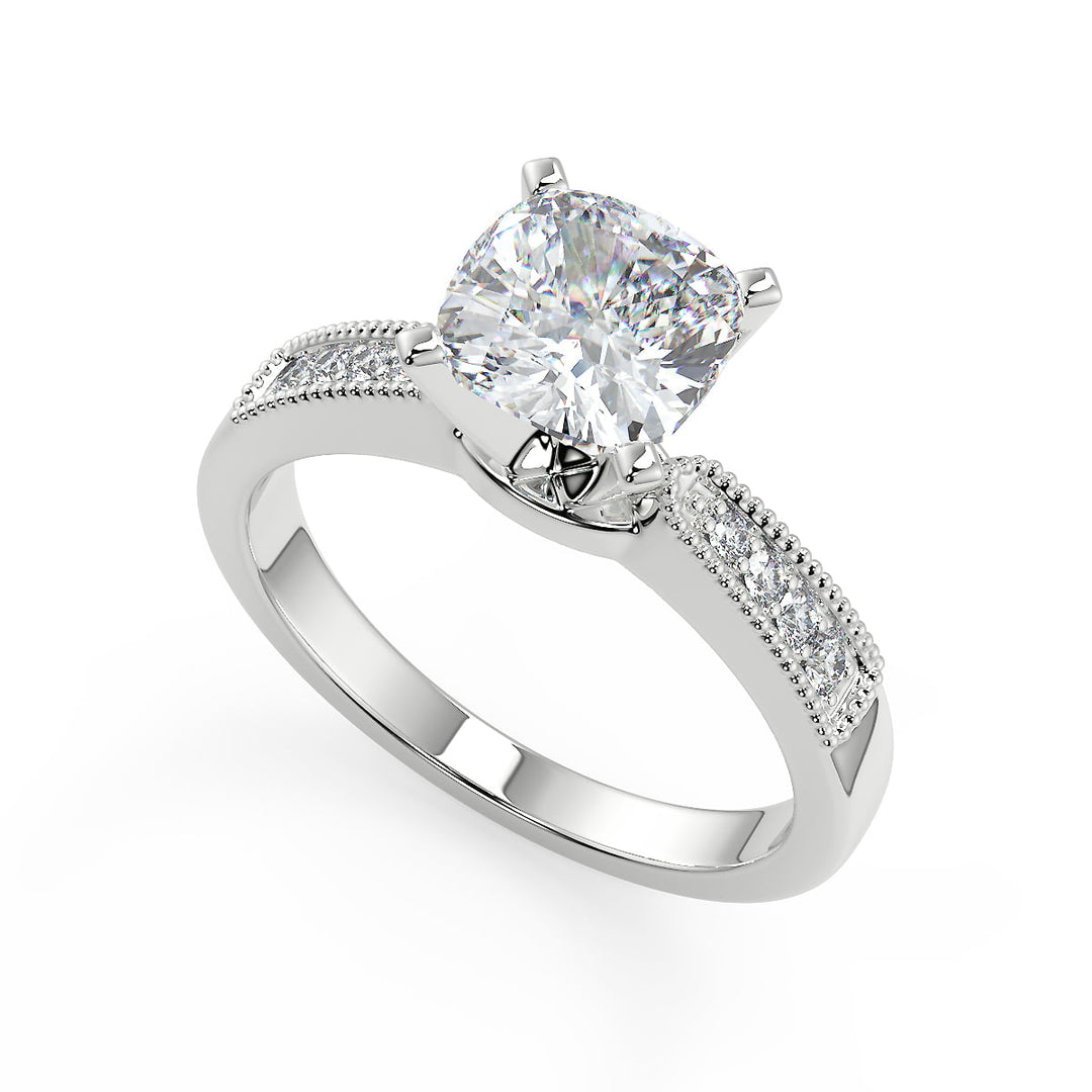 Amani Four Prong Milgrain Cushion Cut Diamond Engagement Ring