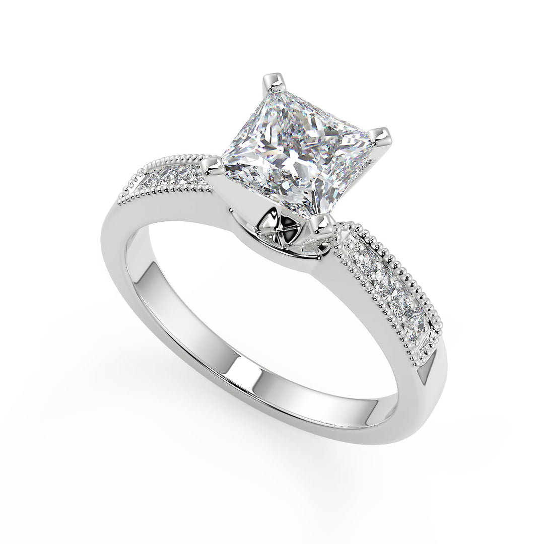 Alia Four Prong Milgrain Princess Cut Diamond Engagement Ring