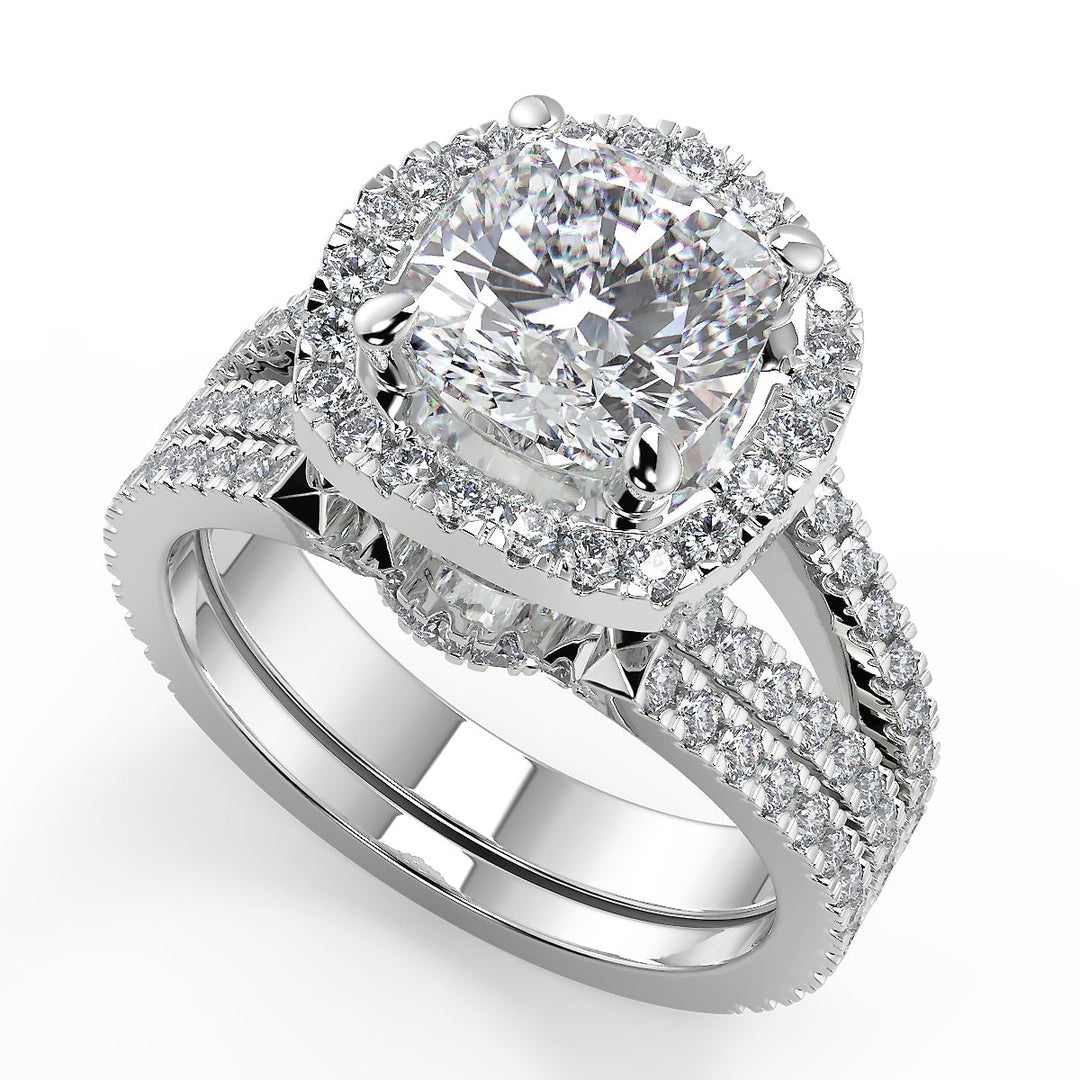 Edith Halo Pave Split Shank Cushion Cut Diamond Engagement Ring