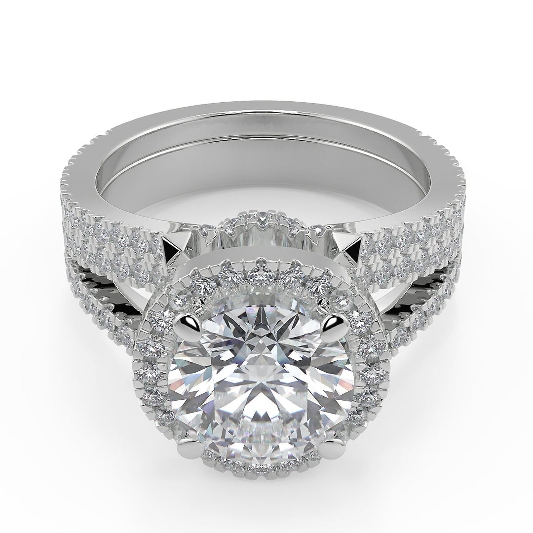 Kylie Halo Pave Split Shank Round Cut Diamond Engagement Ring