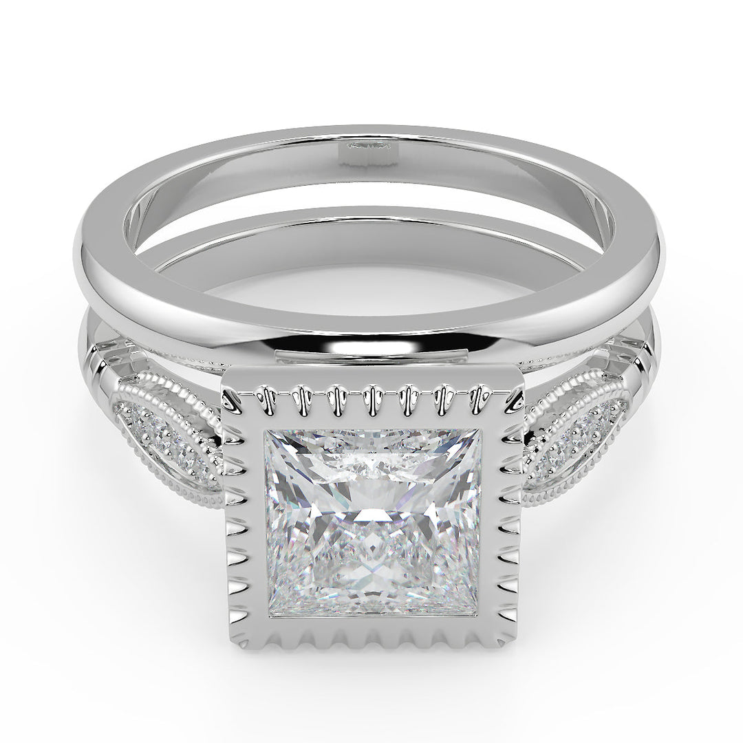 Elle Bezel Set Milgrain Pave Princess Cut Diamond Engagement Ring