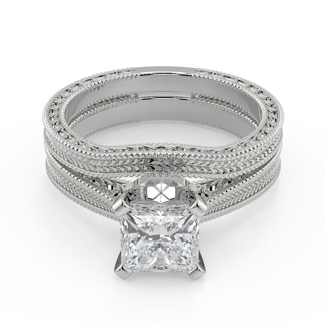 Miracle Hand Engraved 4 Prong Milgrain Solitaire Princess Cut Diamond Engagement Ring