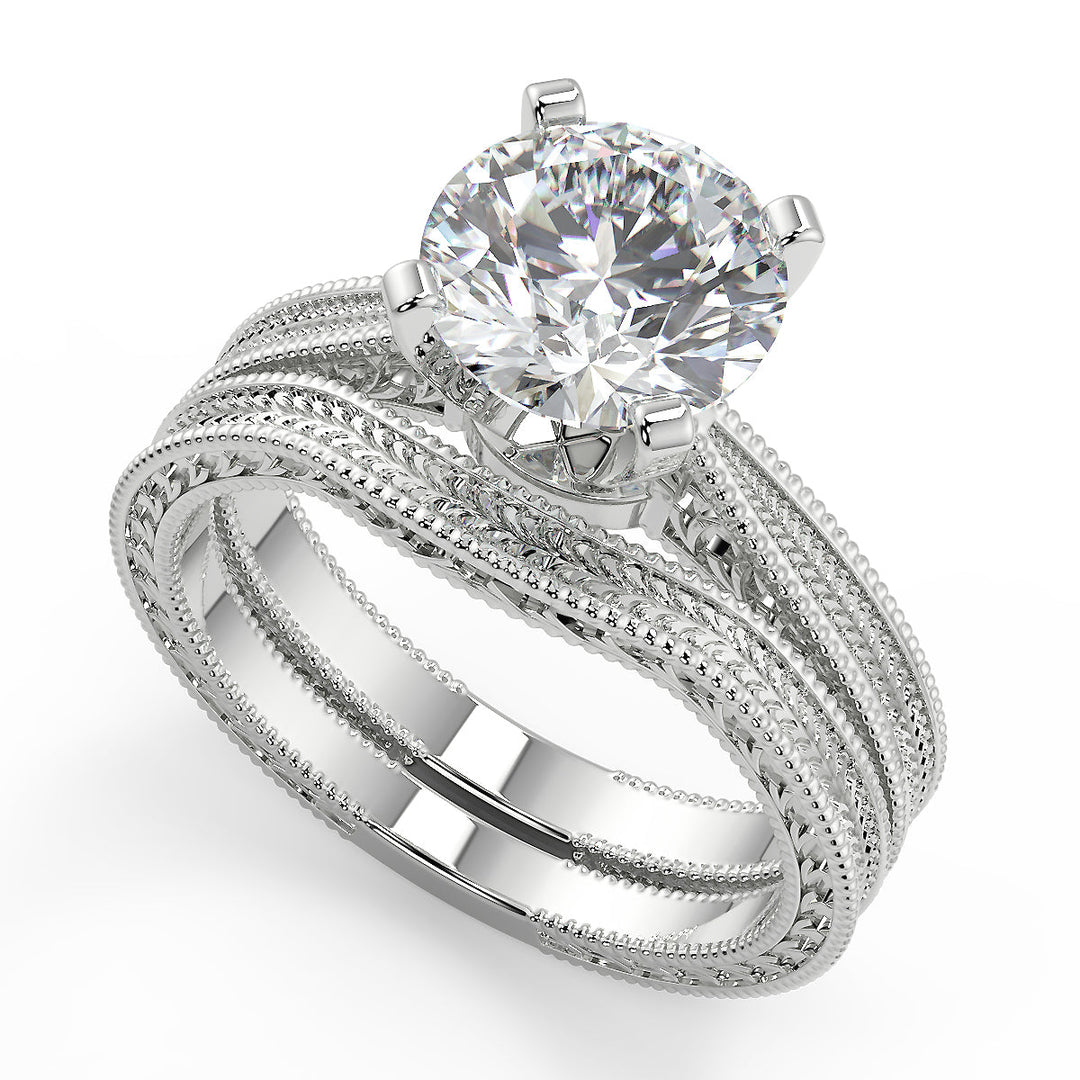 Karla Hand Engraved 4 Prong Milgrain Solitaire Round Cut Diamond Engagement Ring