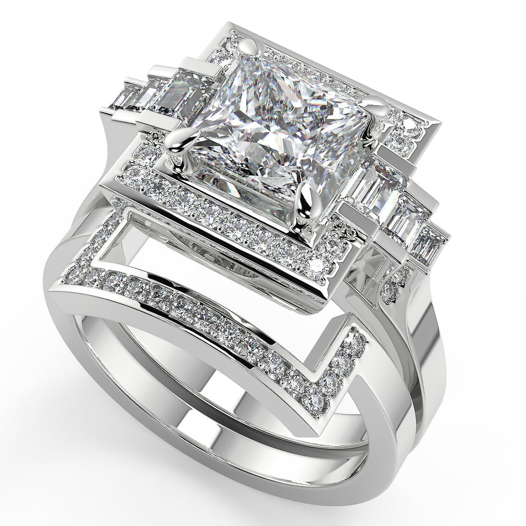 Allie Halo Baguette Accents Princess Cut Diamond Engagement Ring