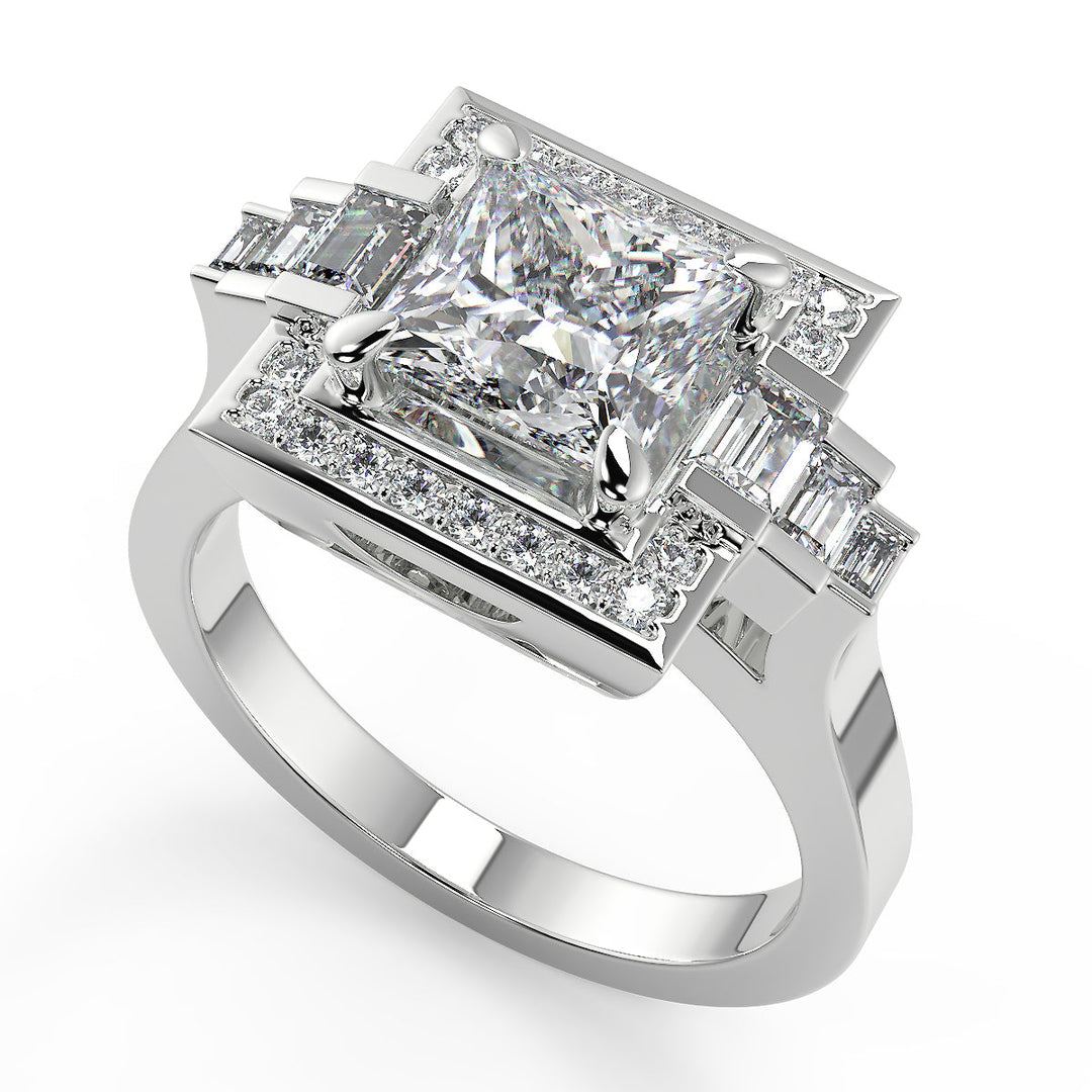 Allie Halo Baguette Accents Princess Cut Diamond Engagement Ring