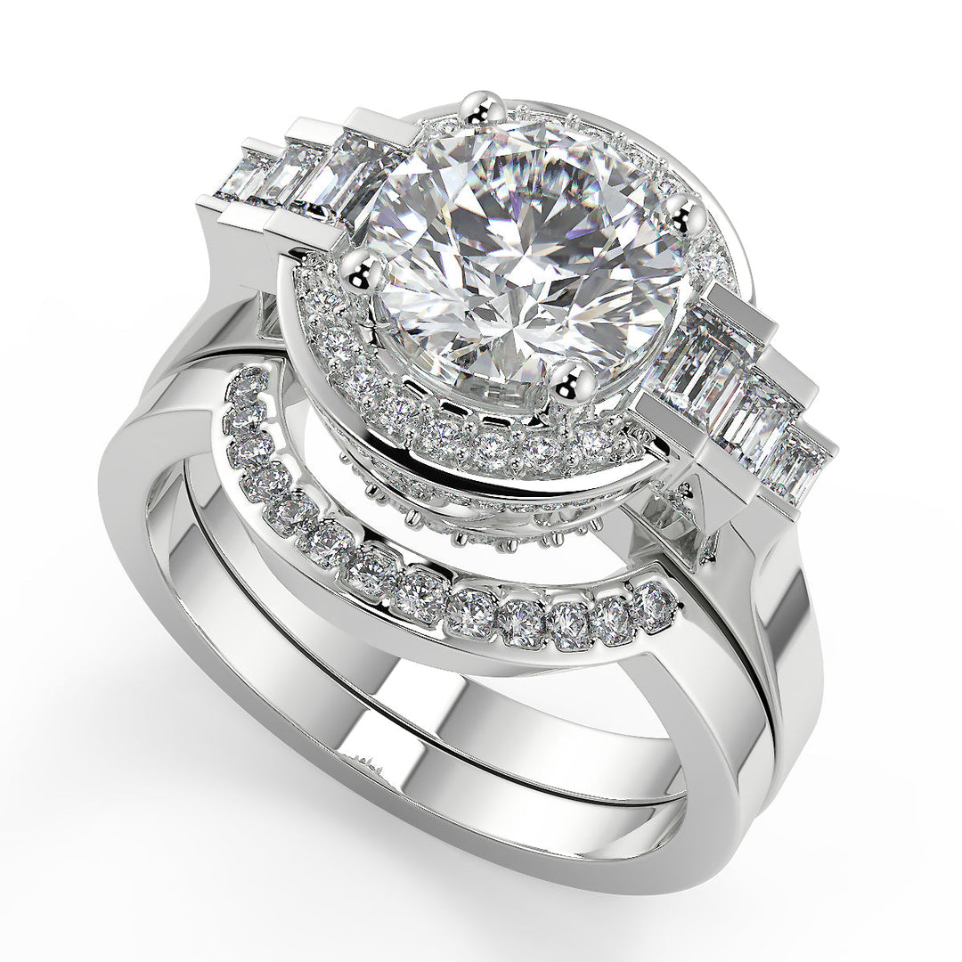 Bella Halo Baguette Accents Round Cut Diamond Engagement Ring
