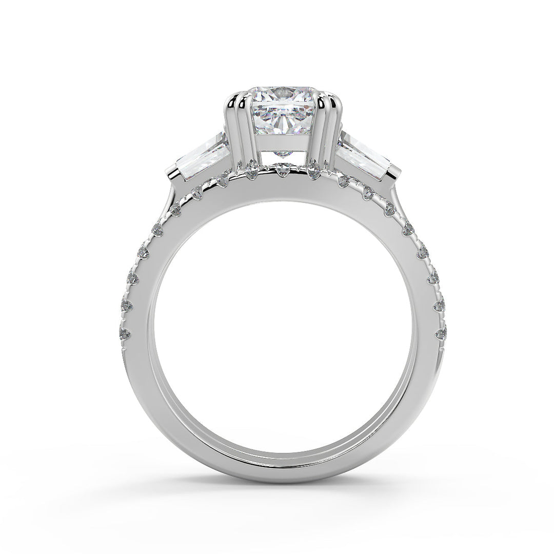 Jacey Baguette Accents 3 Stone Double Prong Cushion Cut Diamond Engagement Ring