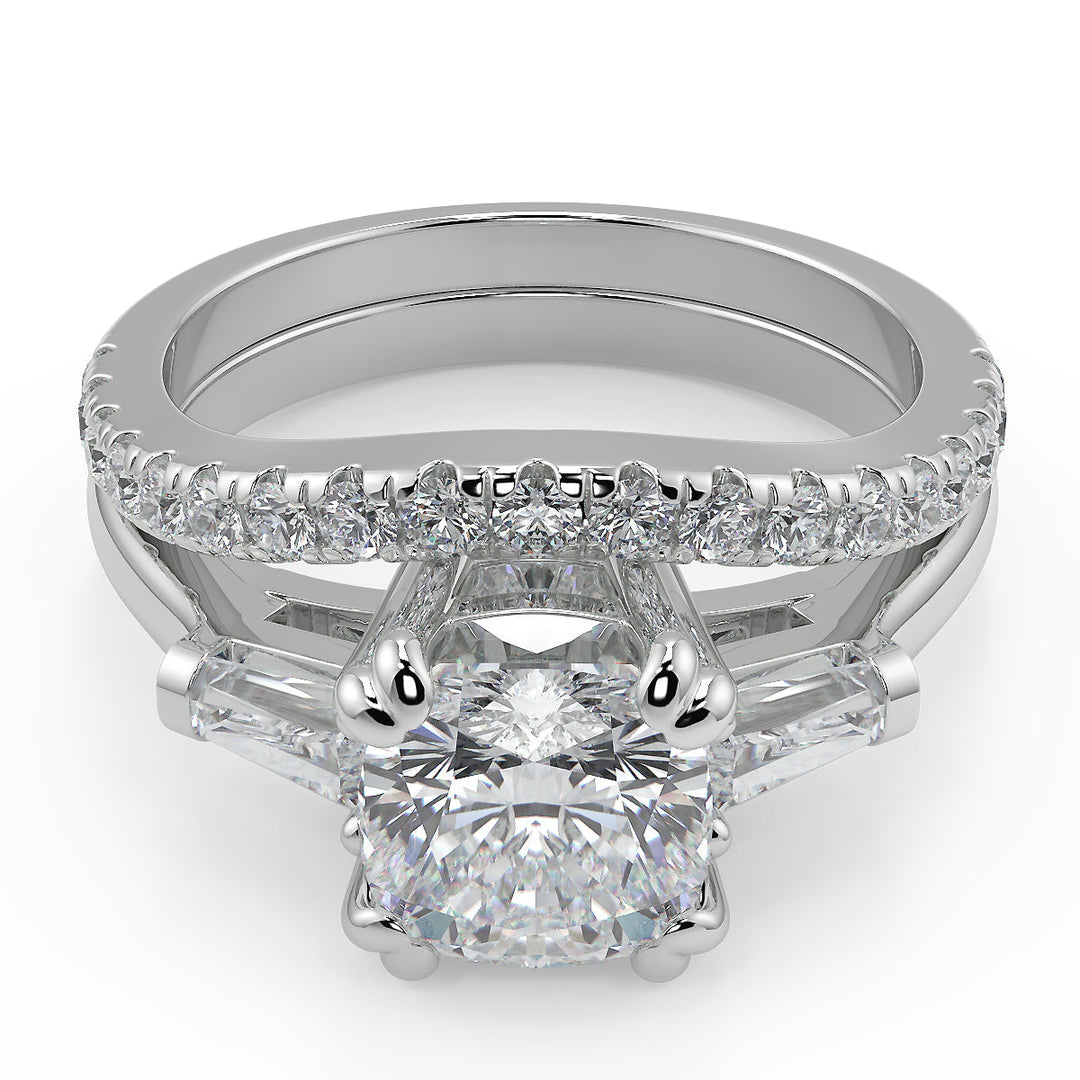 Jacey Baguette Accents 3 Stone Double Prong Cushion Cut Diamond Engagement Ring