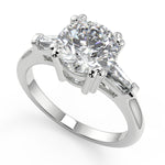 Load image into Gallery viewer, Maggie Baguette Accents 3 Stone Round Cut Double Prong Ring
